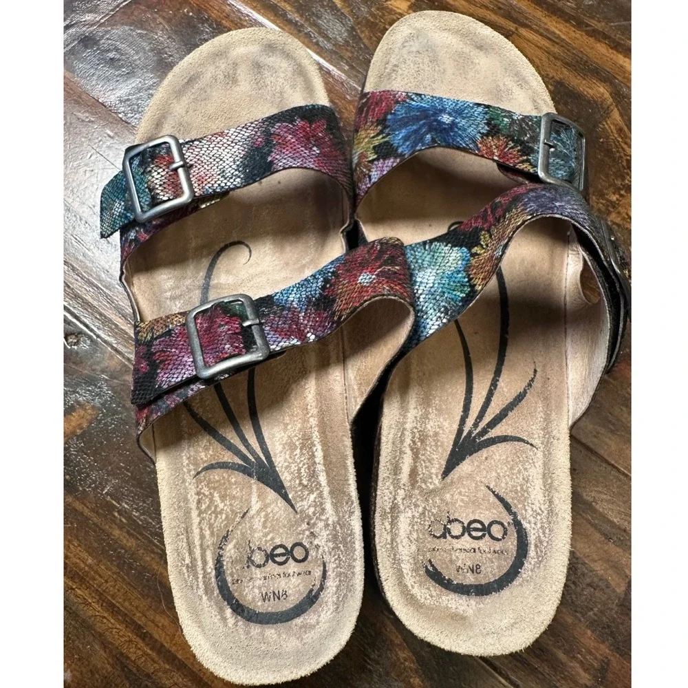 ABEO Blythe Multi Floral Snake Embossed Leather Orthotic Slide Sandals Womens 8N